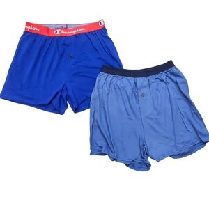 Champion and Hanes Mens Blue Knit Boxer Shorts 2 Pack Size Medium Relaxed Fit